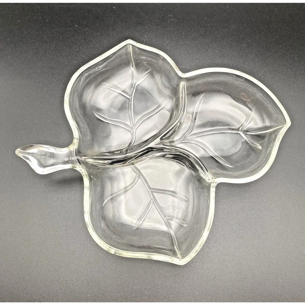 Vintage Hazel Atlas Clear Leaf Divided Relish Candy Nut Olive Dish 3 Sections